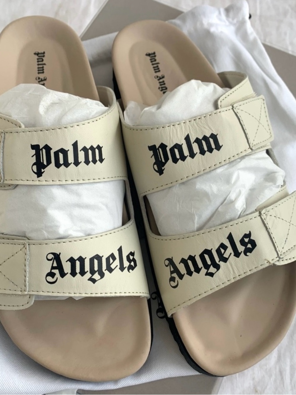 Palm Angels Cream and Black Leather Logo Slide Sandals